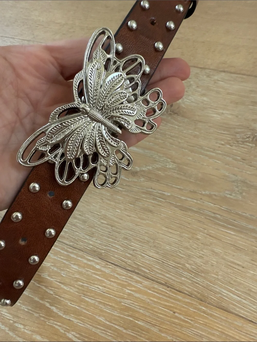 Girls Studded Brown Leather Belt with Silver Butterfly Buckle